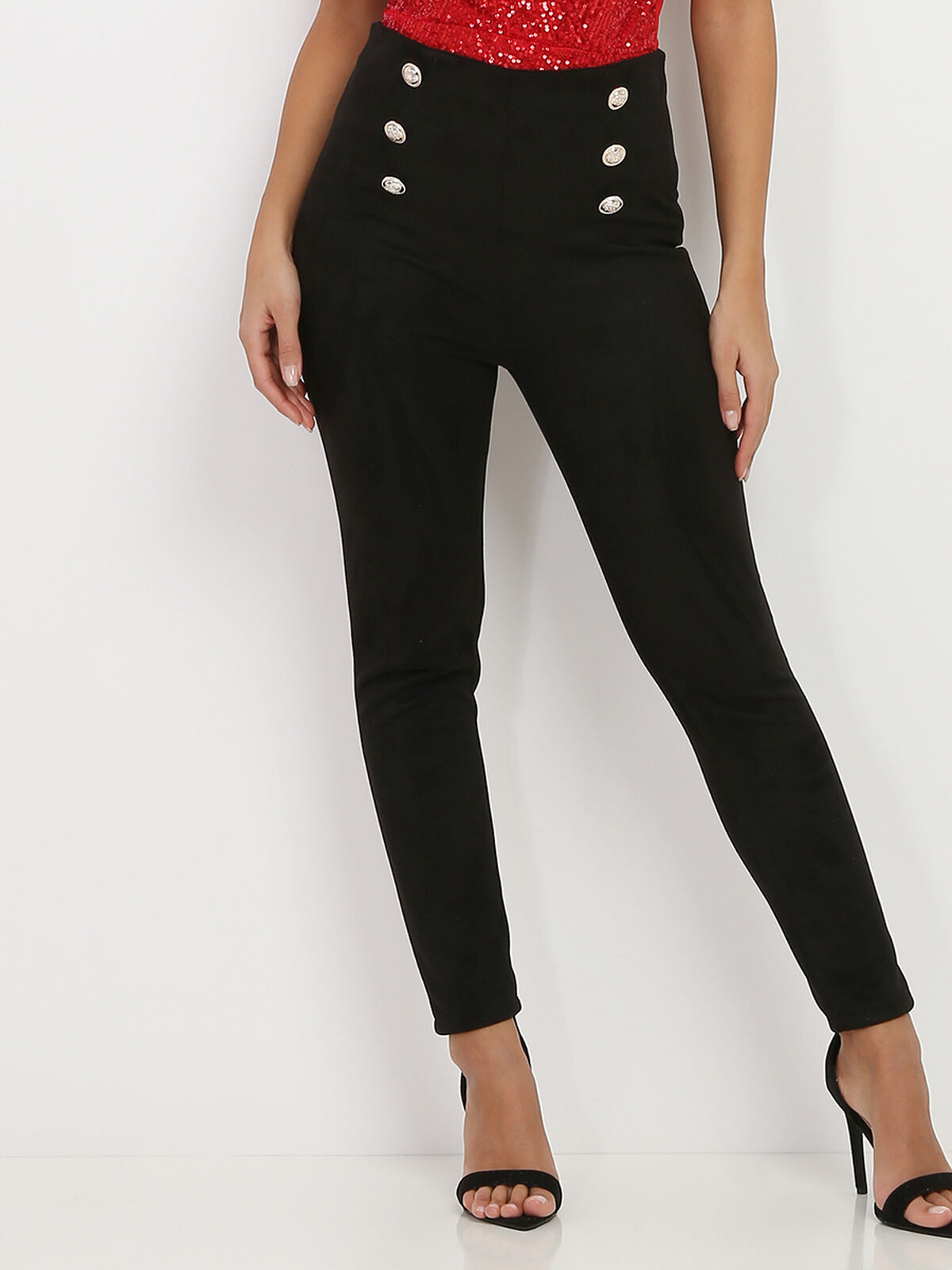 Pantalon en suédine à boutons- Noir