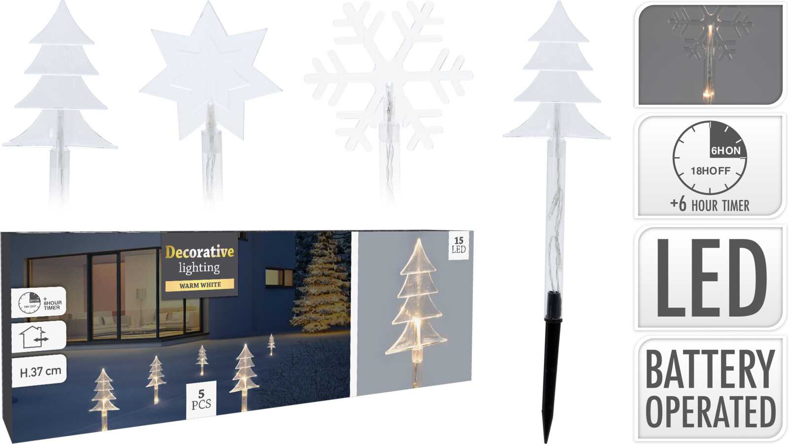 Gartenstecker Winter 5 Stück, 15 LED, Timer