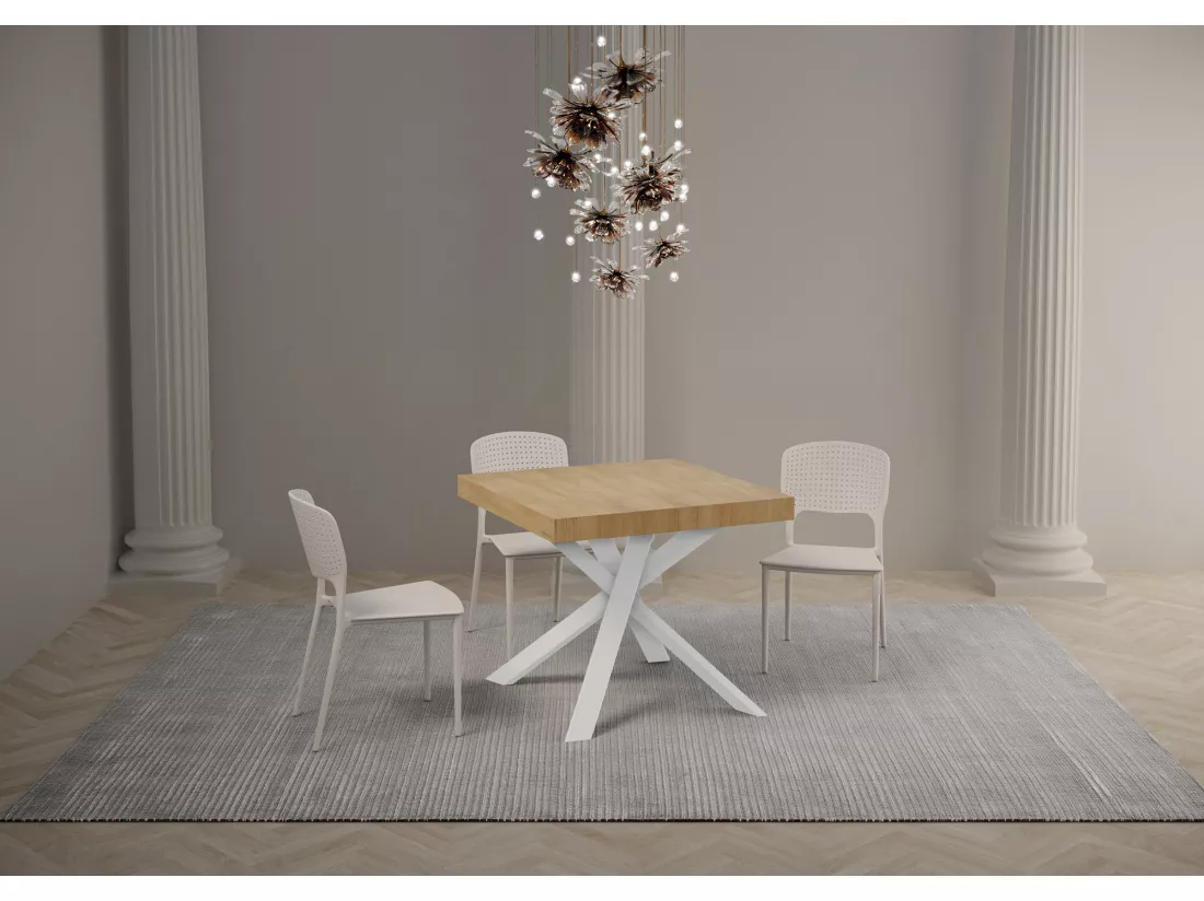 Table extensible 90x90/194 cm Clerk dessus Chêne Nature pieds Blancs