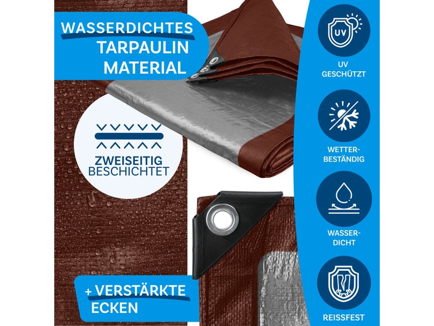 Waterdicht zeildoek met ogen, beschermhoes, 140 g/m², 1,5 x 6 m, bruin-zilver