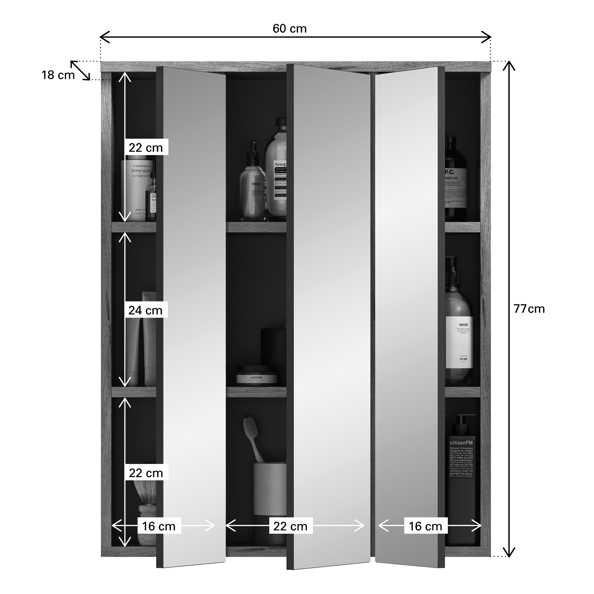 Spiegelschrank MASON - Nox Oak - mit Beleuchtung - 60 cm