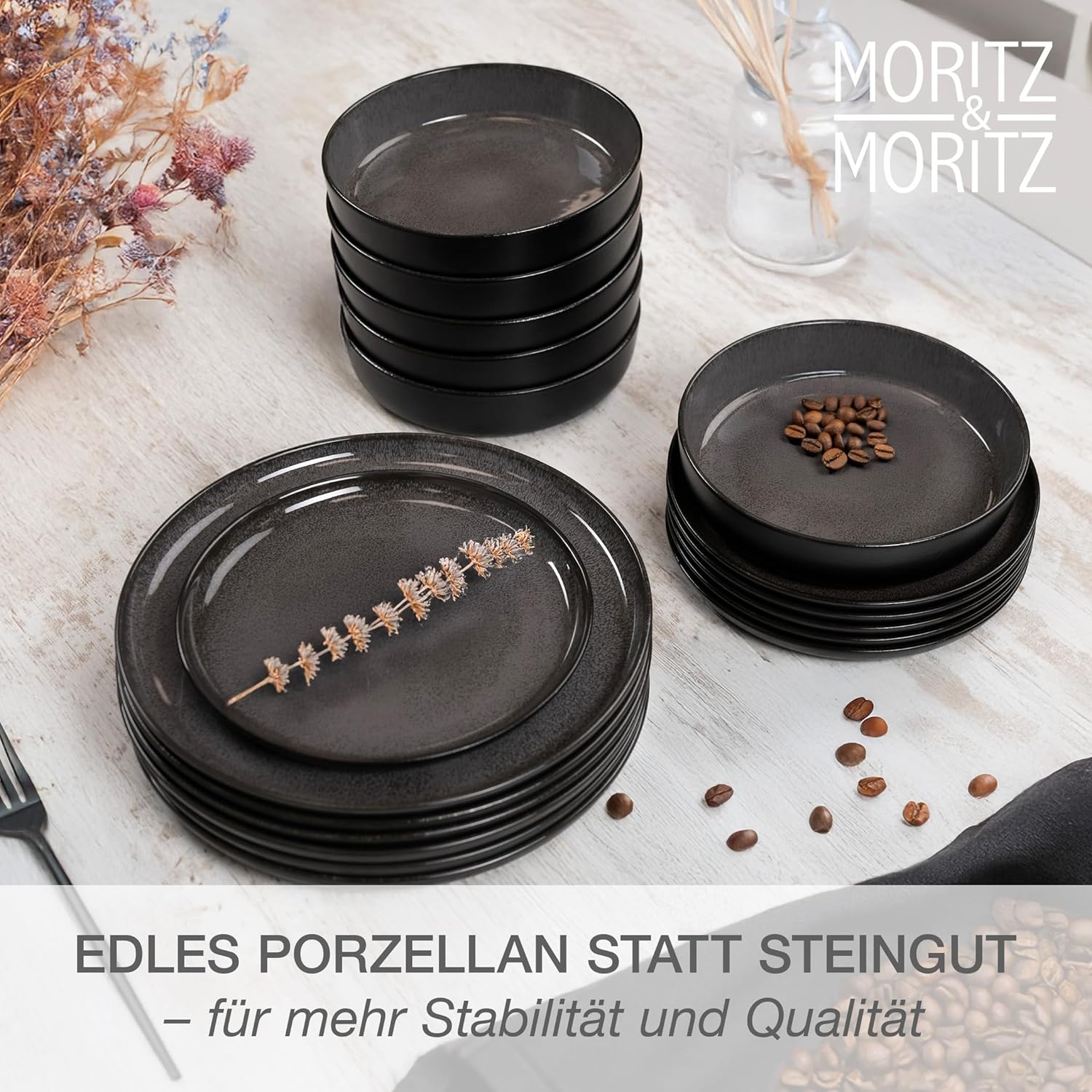 Moritz & Moritz VIDA Geschirrset 6 Personen Anthrazit 18-tlg. - Modernes Porzellan Geschirr Set - Kratz-, Mikrowellen- & Spülmaschinenfest, Essgeschirr, Tafelservice, Kombiservice 6 Personen