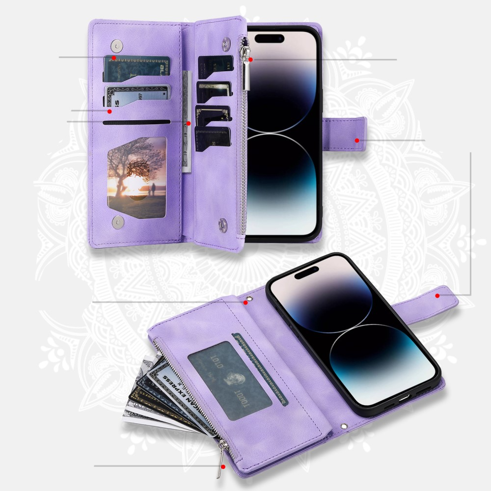 iPhone 16 Leder Tasche Flip Cover mit Reissverschluss - Mandala Flowers Imprint - Lila