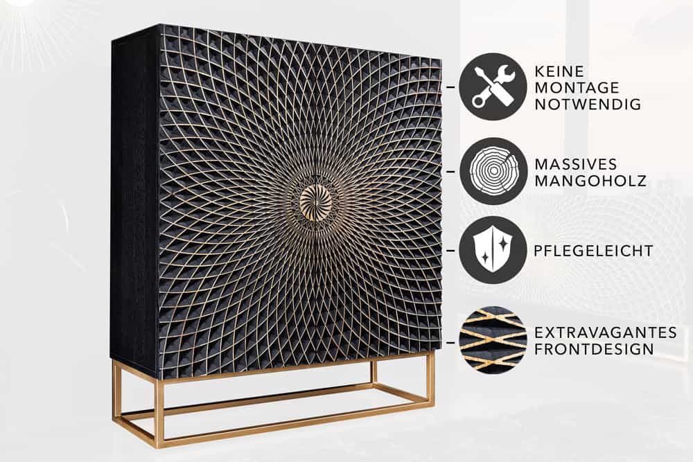 Design Highboard ILLUSION 120cm schwarz Mangoholz Massivholz mit 3D Schnitzereien gold Eisen Metallgestell