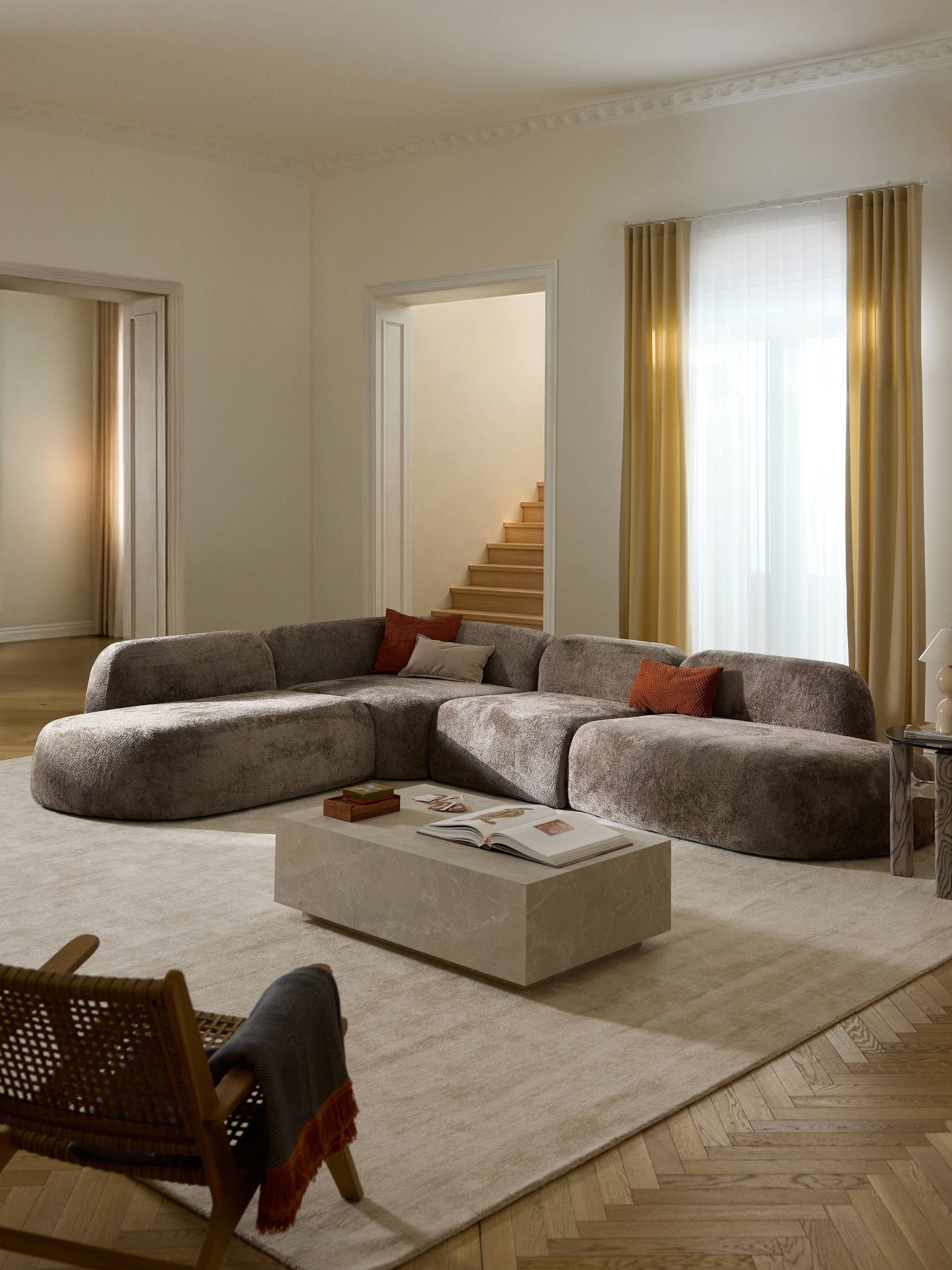 XL modulaire teddy bouclé hoekbank Wolke (4-zits) met chaise longue