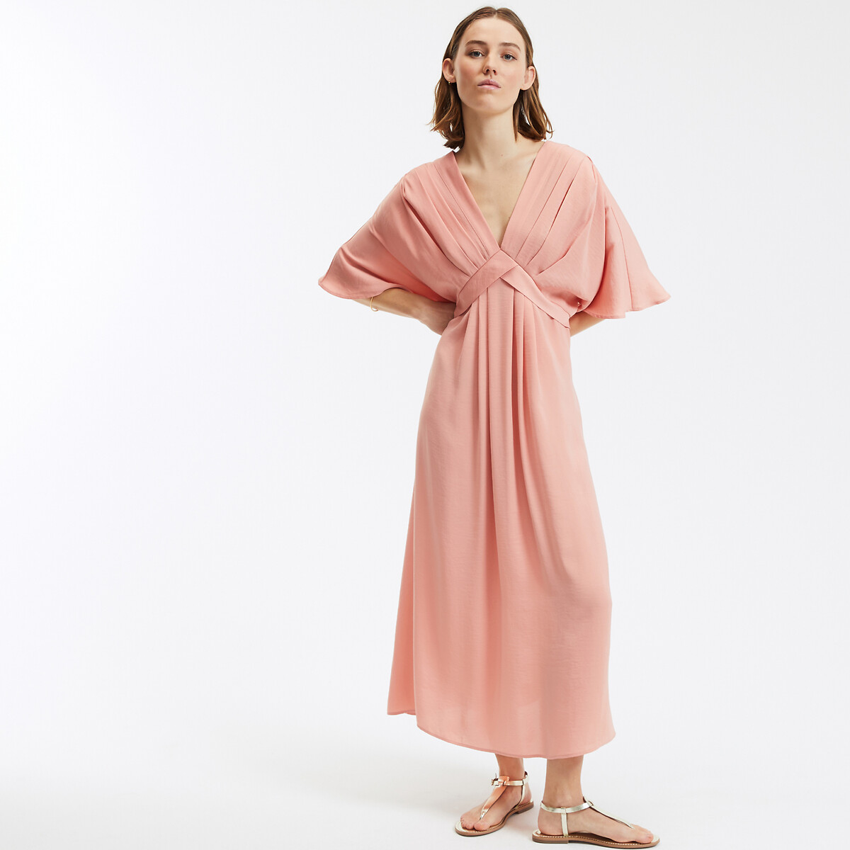 COLEÇÃO LA REDOUTE<br>Vestido longo com estampa de bandeira, decote em V e mangas até o cotovelo