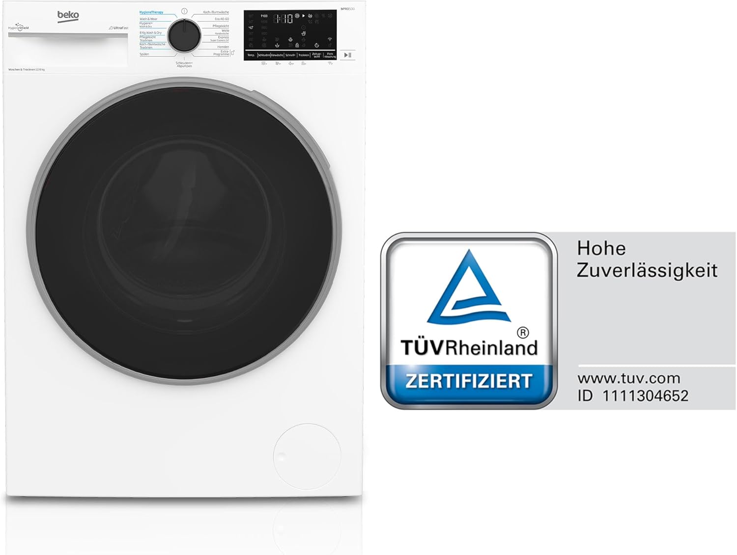 Beko B3DFT512447W freistehender Waschtrockner, 12 kg Waschen, 8 kg Trocknen, allergikergeeignet, Touch-Display mit Startzeitvorwahl 0-24 h, Bluetooth, Dampffunktion, Nachlegefunktion, Weiß