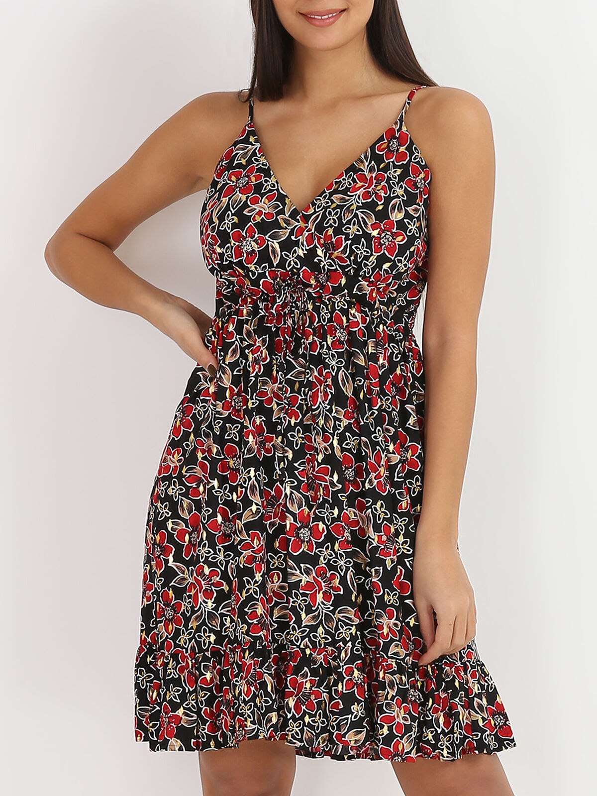 Robe à fleurs et bretelles- Noir