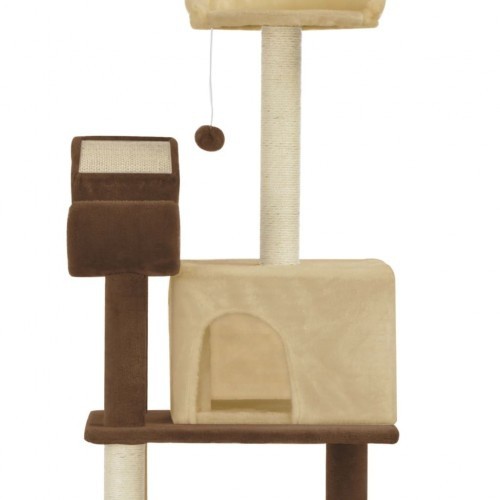 Arranhador para gatos em tons de marrom e bege.