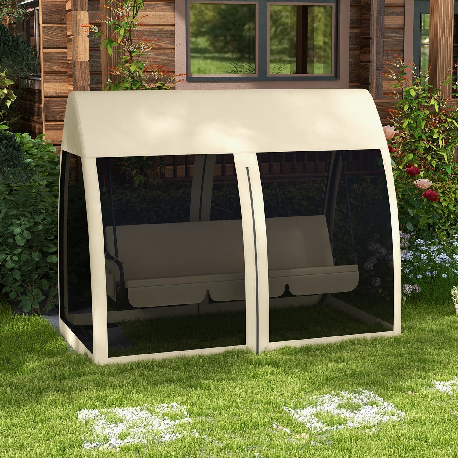 Outsunny 2 in 1 Hollywoodschaukel mit Liegefunktion 3-Sitzer Gartenschaukel mit Baldachin, Mückennetz, Schaukelbank belast bis 300kg, Gartenliege für Garten, Terrasse, 240 x 140 x 197 cm, Kaffee