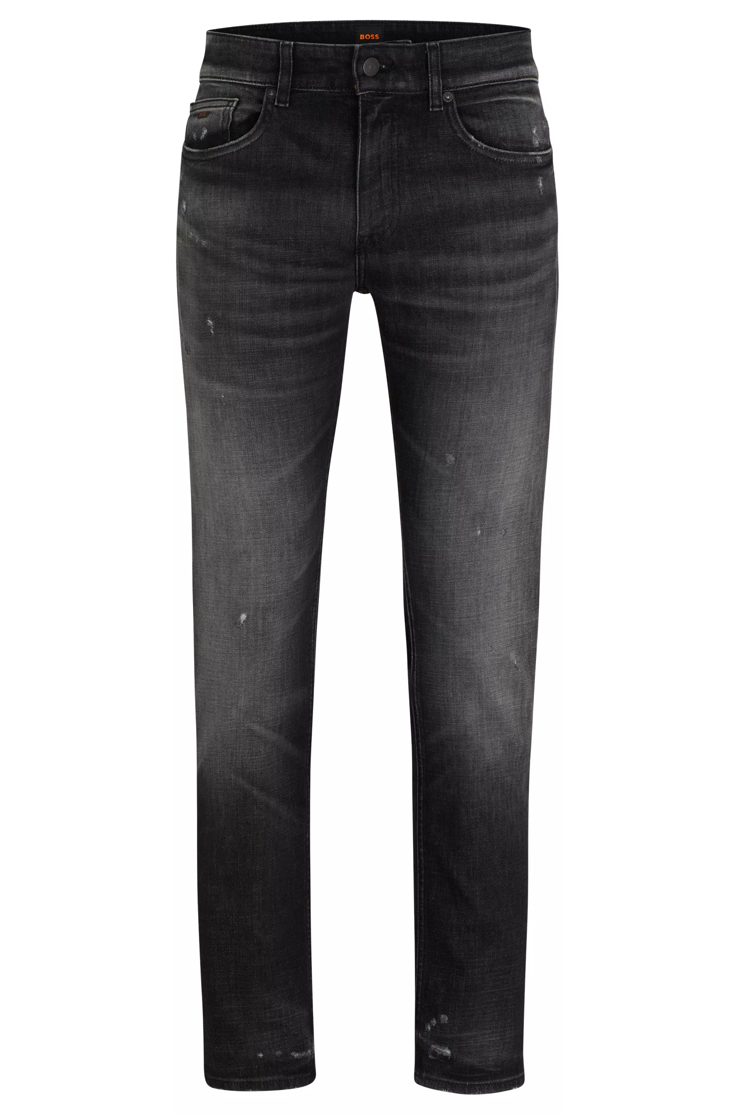 Calça jeans BOSS laranja, corte slim, em denim stretch preto.