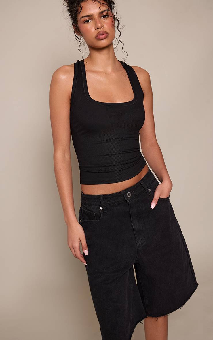Noir Délavé Jorts En Denim Long Taille Basse