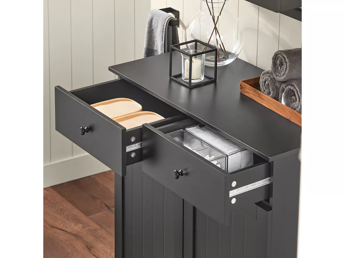 SoBuy Meuble Bas de Salle de Bain Armoire Toilette avec 2 Tiroirs et 2 Paniers à Linge Meuble de Rangement Coffre à Linge L78xP38xH91cm, Noir, BZR33-SCH
