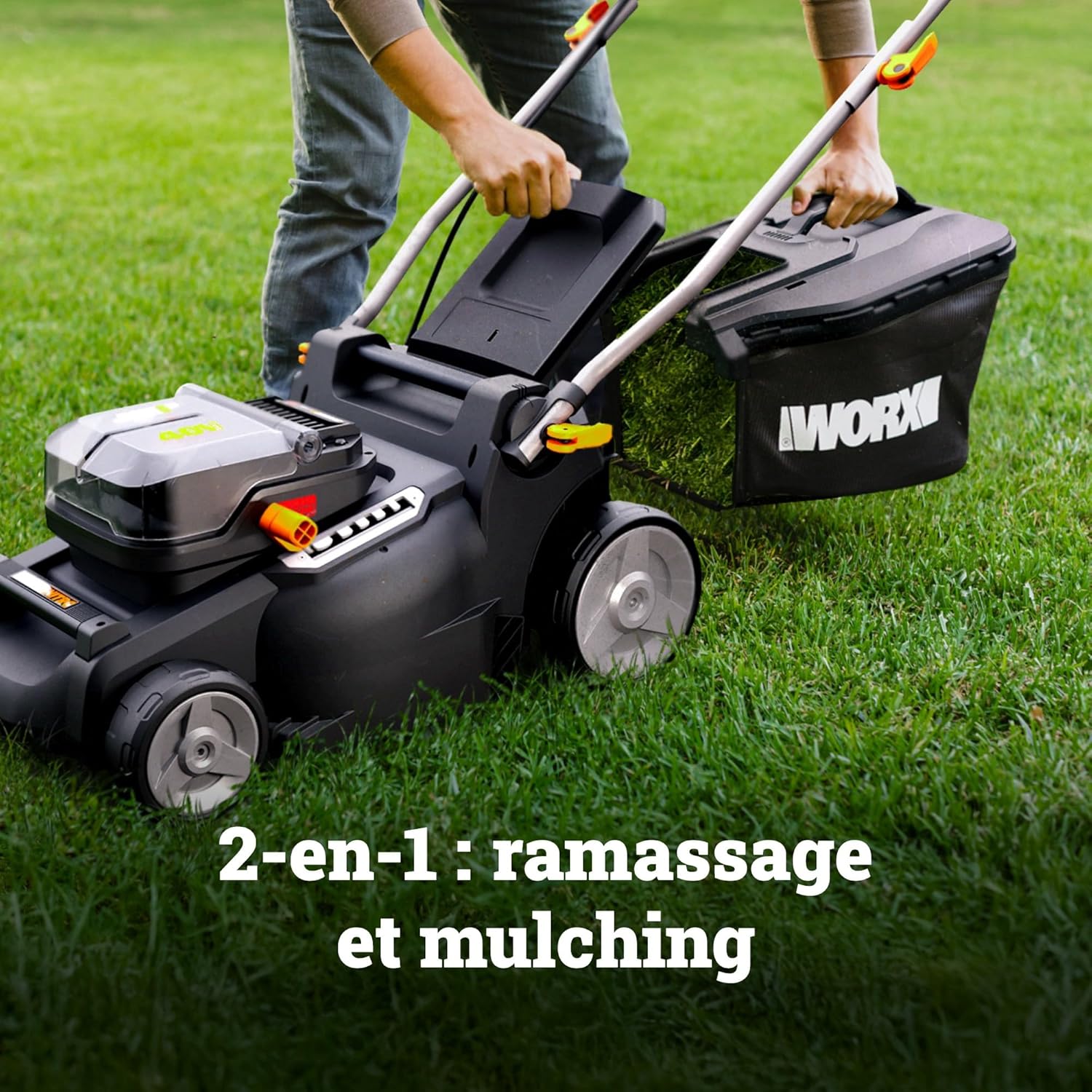 WORX Tondeuse à Gazon sans Fil 40V WG737E, Surface Max de 600 m², Lame de 37cm, Sac de 40L, Coupe jusqu'aux Bordures, 6 Hauteurs de Coupe, Livrée avec 2 Batteries 4Ah et Chargeur Double Rapide