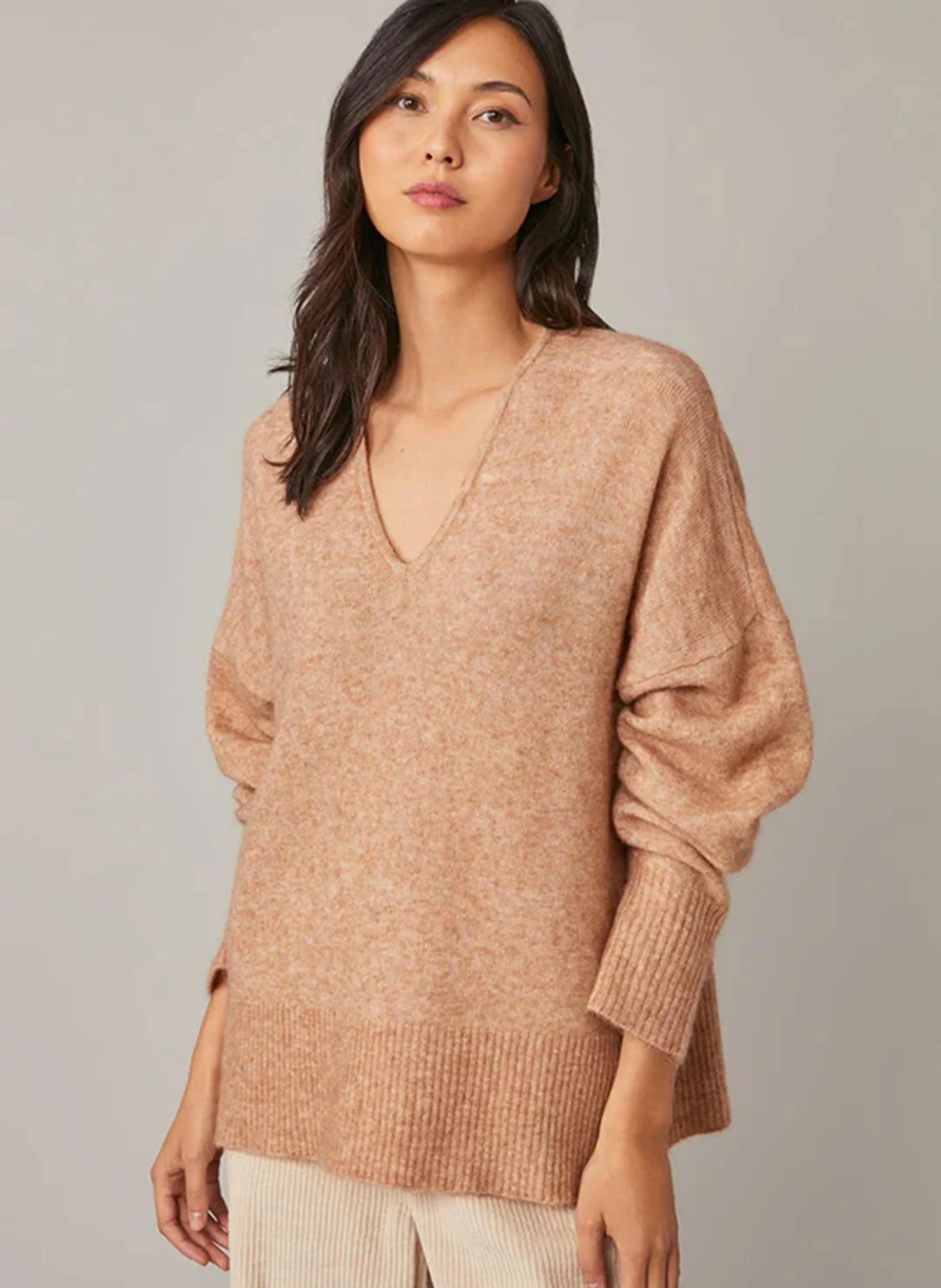 EMMA - Pull oversize col V en laine mélangée | Marron