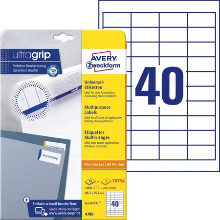 Avery Zweckform 4780 Universal-Etiketten,A4 mit ultragrip,48,5 x 25,4 mm, 30 Bogen/1.200 Etiketten, weiß