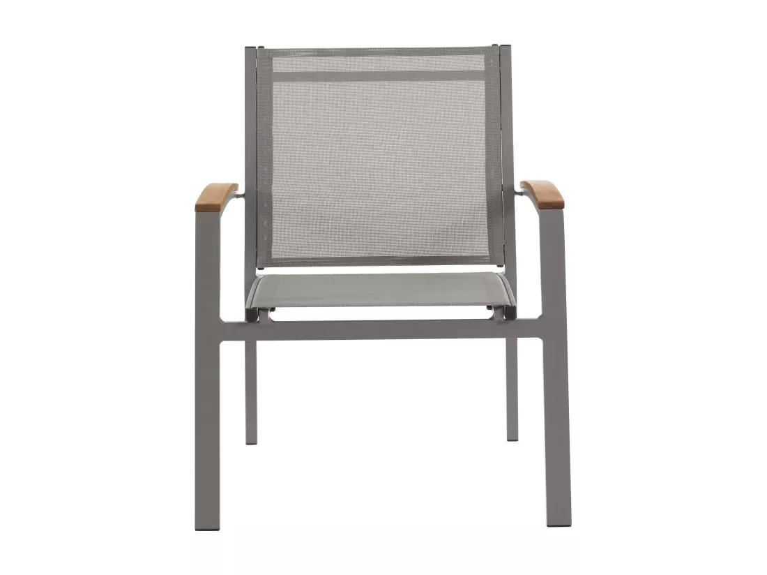 Salle à manger de jardin en aluminium : une table extensible L.180/240cm et 6 fauteuils empilables avec accoudoirs acacia - Taupe - NAURU de MYLIA