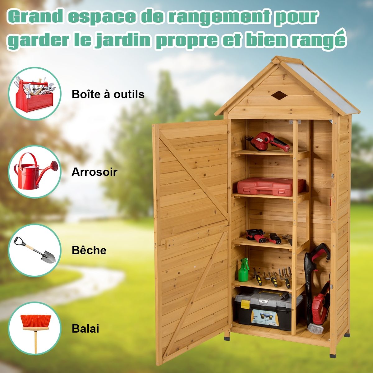 Abri de Jardin Extérieur à 5 Etagères Cabane Verrouillable en Bois de Sapin Toit en Tôle Galvanisée - Lidl-Manfred