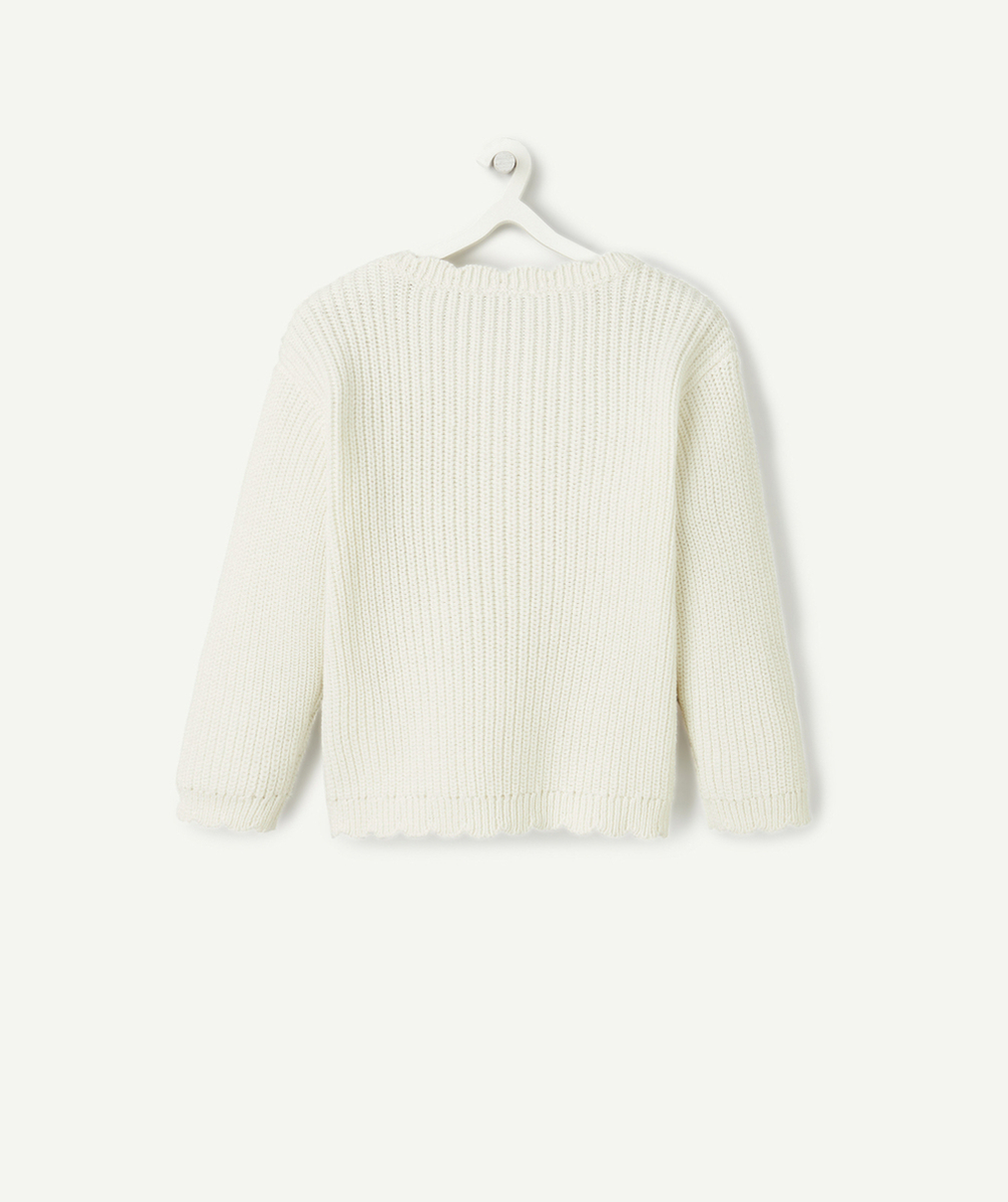 CARDIGAN BÉBÉ FILLE EN MAILLE COTON BIO ÉCRU COL FESTONNÉ