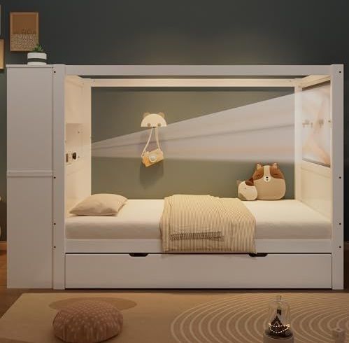 Eenpersoonsbed - 90 x 200 cm - Houten Bed met Valbescherming en Rooster - Wit en Naturel - Met Opbergruimte en 5 Laden