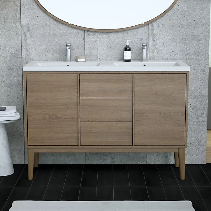 Ensemble meuble sous vasque placage bois Kabayan + plan double vasque céramique blanc Nira l.120 cm