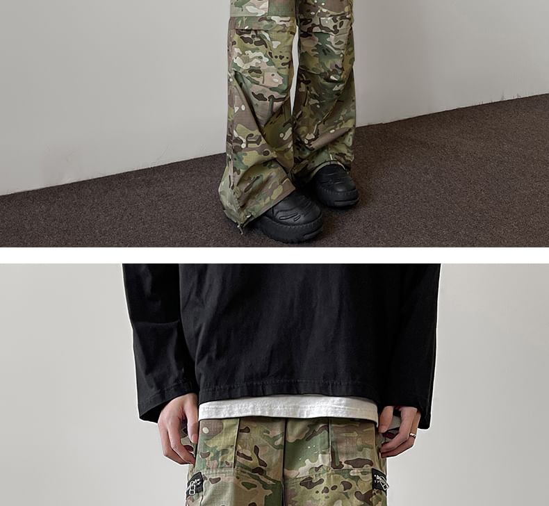 Freehop - Mid Rise Camo Print Cargobroek met Wijde Pijpen
