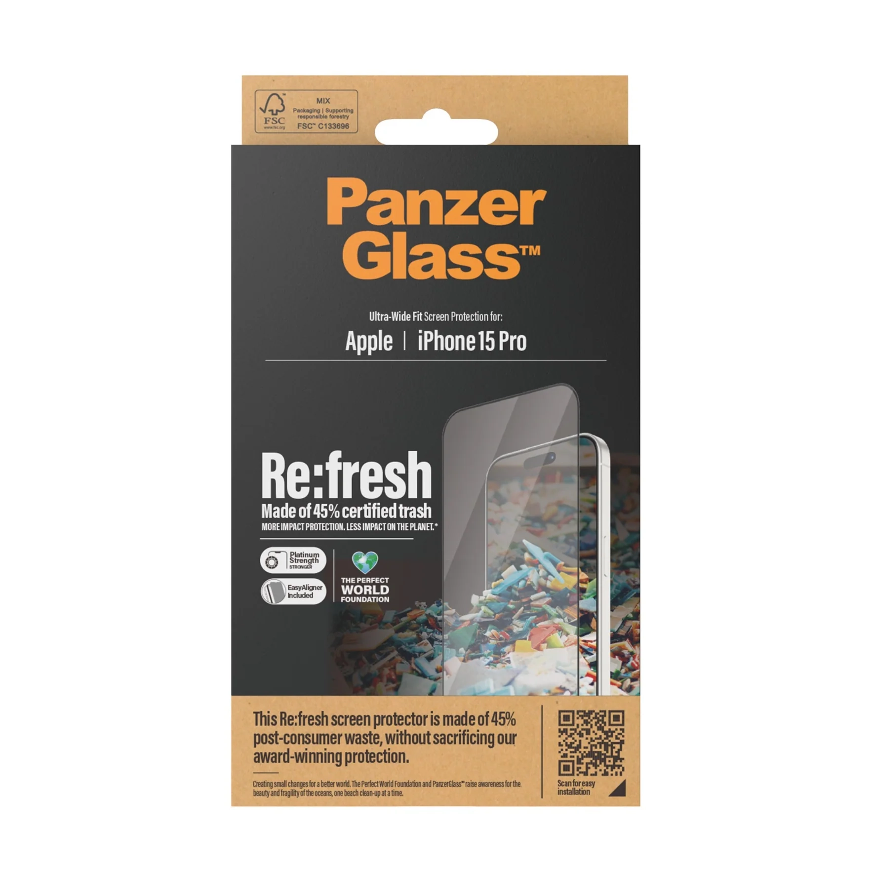 iPhone 15 Pro Antibakterielle Ultra Wide Fit Panzer Glas Displayschutz mit Montagerahmen Recycled (2822)