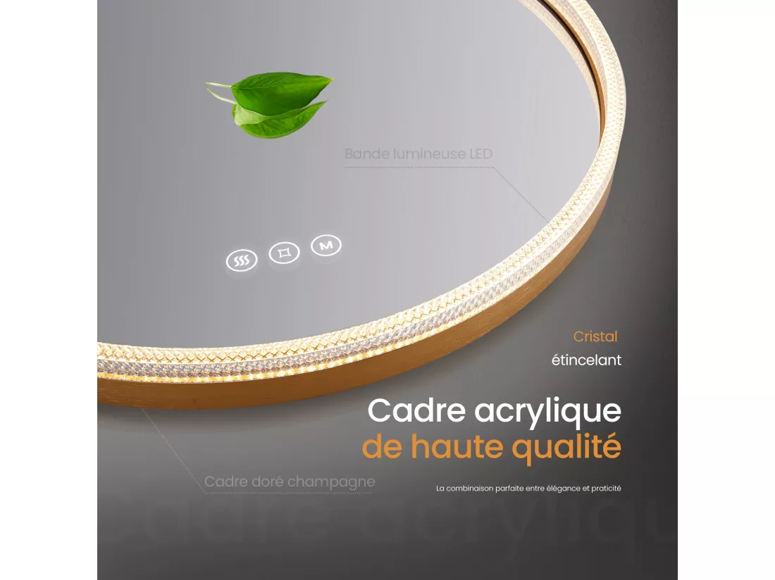 EMKE Miroir lumineux salle de bain rond 60cm Cadre Doré, Miroir LED avec Interrupteur Tactile, Anti-buée, Miroir avec éclairage 3 couleurs