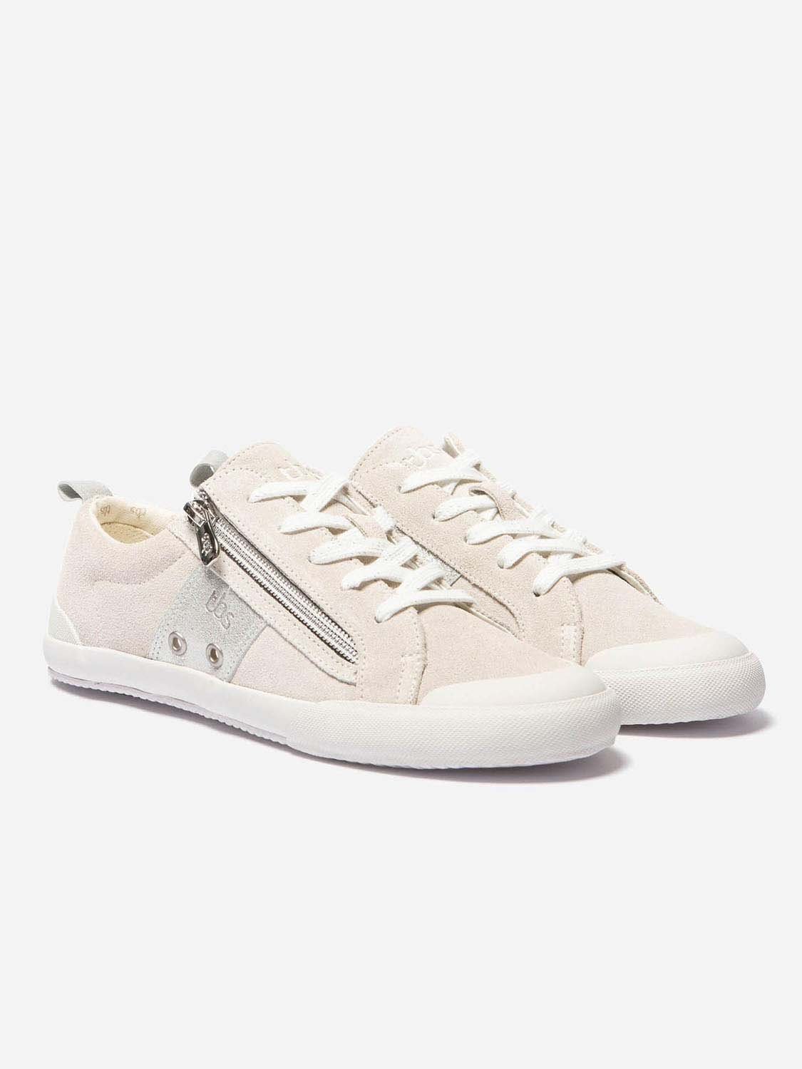 Tennis Femme Zip Latéral Dessus Cuir Velours Blanc