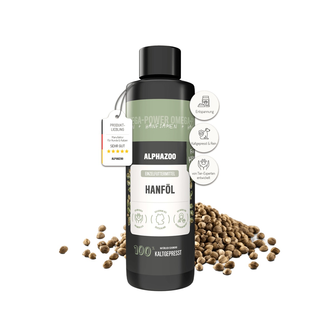 ALPHAZOO Premium Hanföl für Hunde & Katzen I Entspannung und Fellglanz 300 g