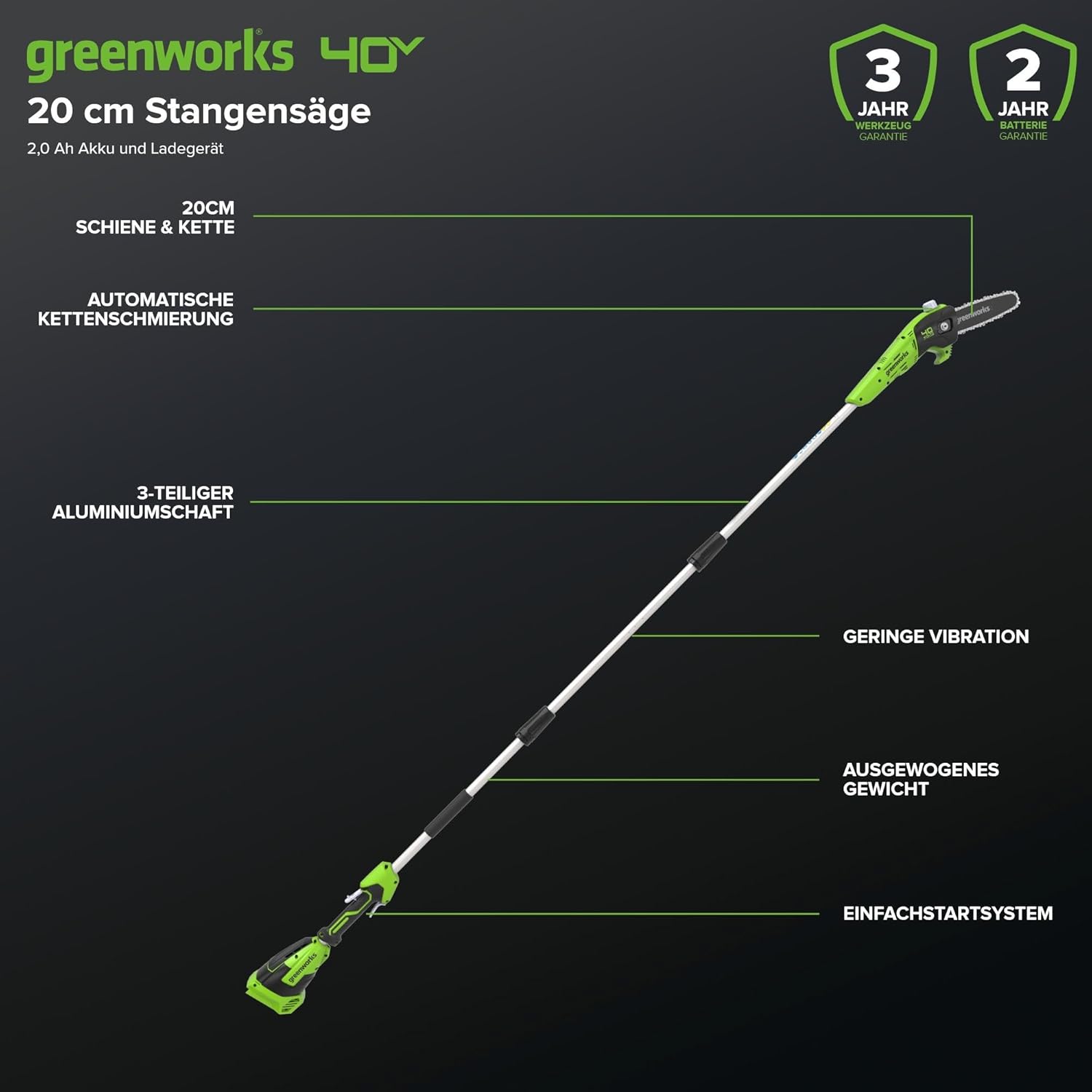 Greenworks G40PSFK2 Akku Hochentaster,20 cm Blattlänge, 8 m/s Kettengeschwindigkeit, 3,64 kg, automatisches Öl-System, 80 ml Öltank, 2.58m Stangenreichweite, 40V 2Ah Akku & Ladegerät, 3 Jahre Garantie