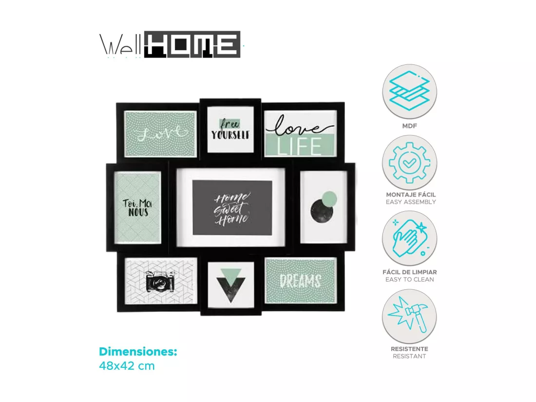 WELL HOME - Cadre mural décoratif - 9 photos noires