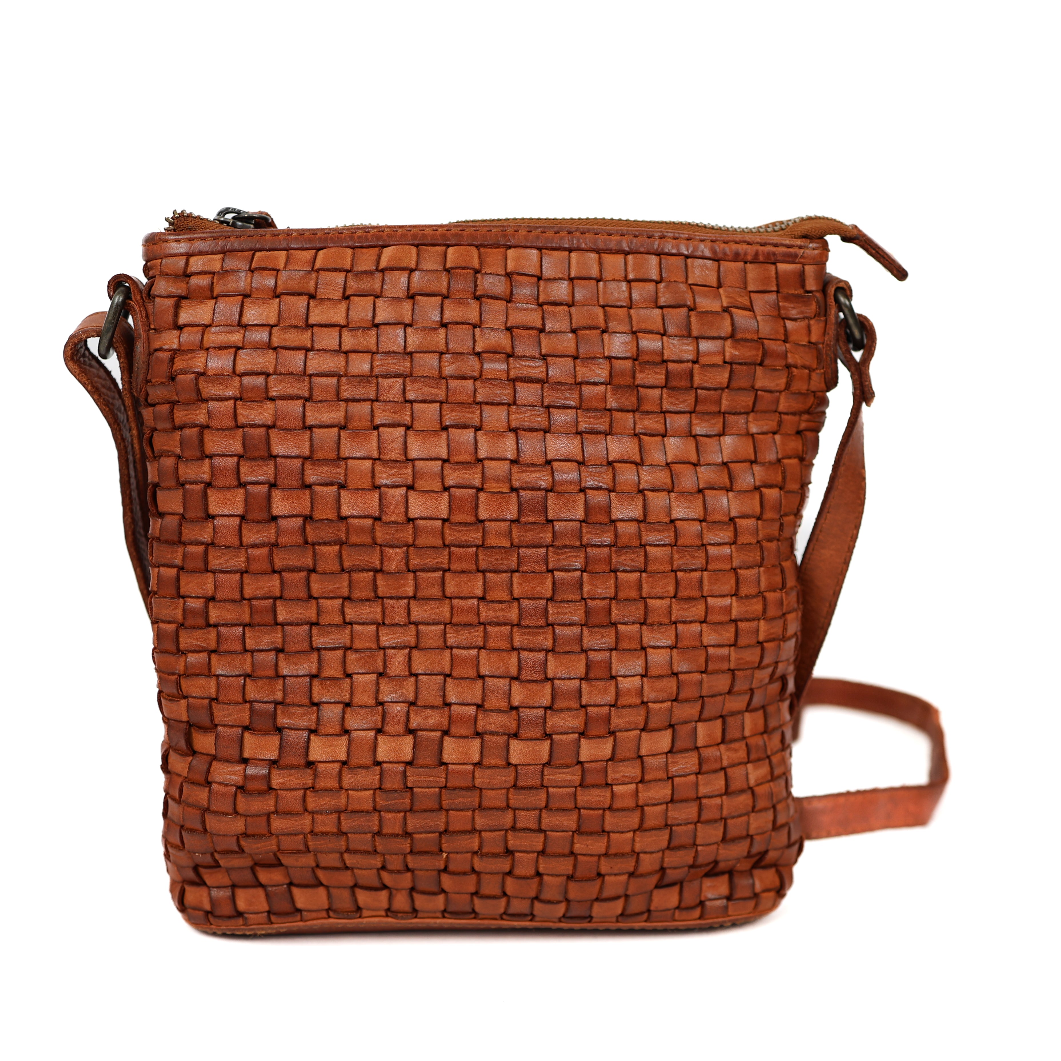 Klein schoudertasje 'Giulia' gevlochten cognac COGNAC