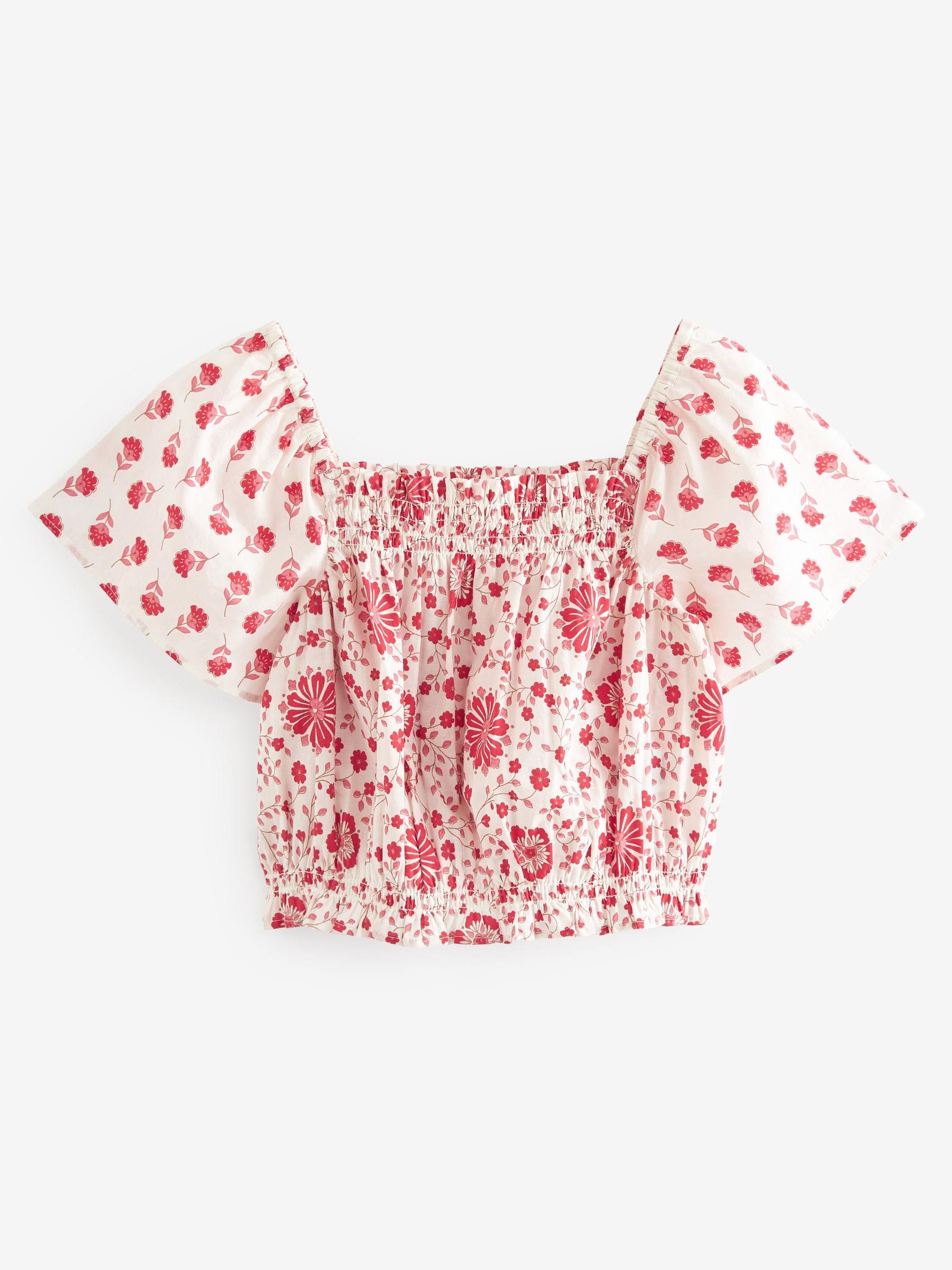 Rood bloemmotief - Gesmokte katoenen blouse (3-16jr)