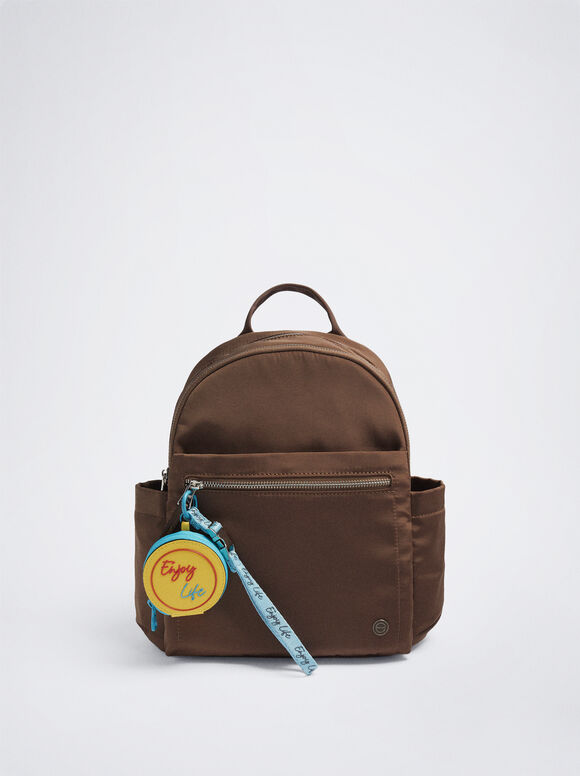 Mochila de nylon com pingente - Marrom