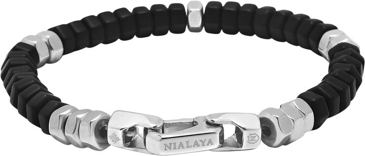Nialaya Men's Hexagon Beaded Bracelet with Black Onyx and Silver Black