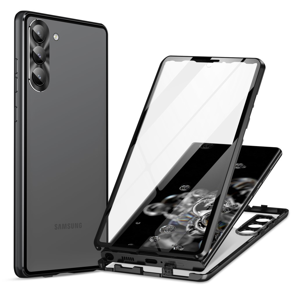 Samsung Galaxy S23 5G Magnetische Alu Schutzhülle mit Panzer Glas Backcover   Display- / Kameraglasschutz (Verschlussmechanismus) - Schwarz