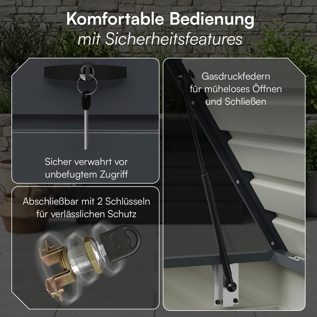 STEELSØN Dorado Gartenbox aus verzinktem Metall 600 Liter – Outdoor Box wasserdicht Anthrazit – Auflagenbox abschließbar mit klappbarem Deckel – Aufbewahrungsbox Garten/Balkon/Terrasse 165x70x63 cm