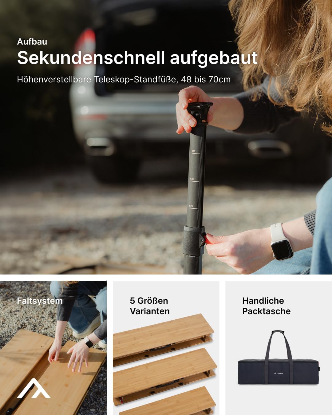 qeedo Quick Kimmy Campingtisch (in 3 Größen erhältlich) - tragbarer Klapptisch mit Faltbarer Bambus Tischplatte, höhenverstellbar