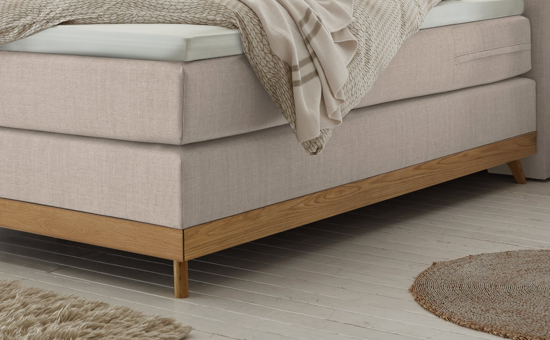 Boxspringbett HASENA SCANDIA 140X200 beige \/ Eiche bianco geölt Viskoschaum soft