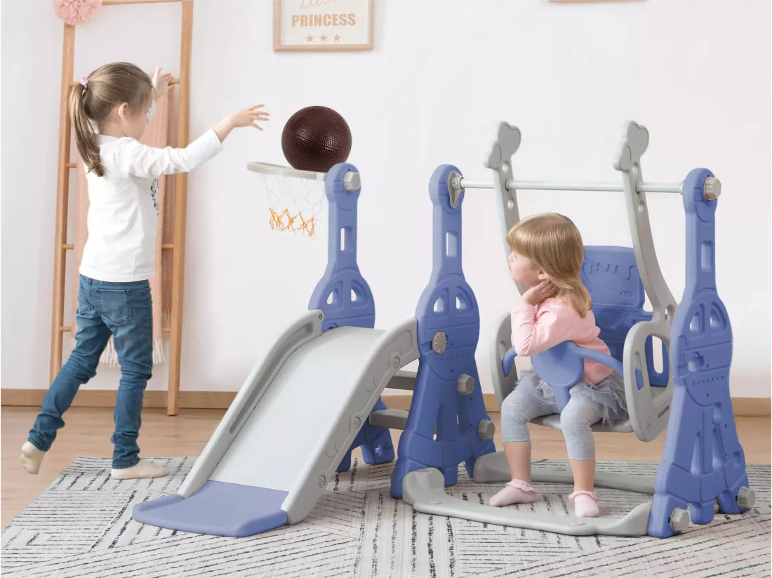 Toboggan 4 en 1 - avec escalier, balançoire, panier de basket - bleu