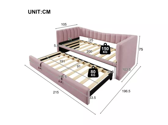 Canapé-lit capitonné 90 x 200 cm / 180 x 200 cm - avec lit gigogne - velours - rose (matelas non inclus)