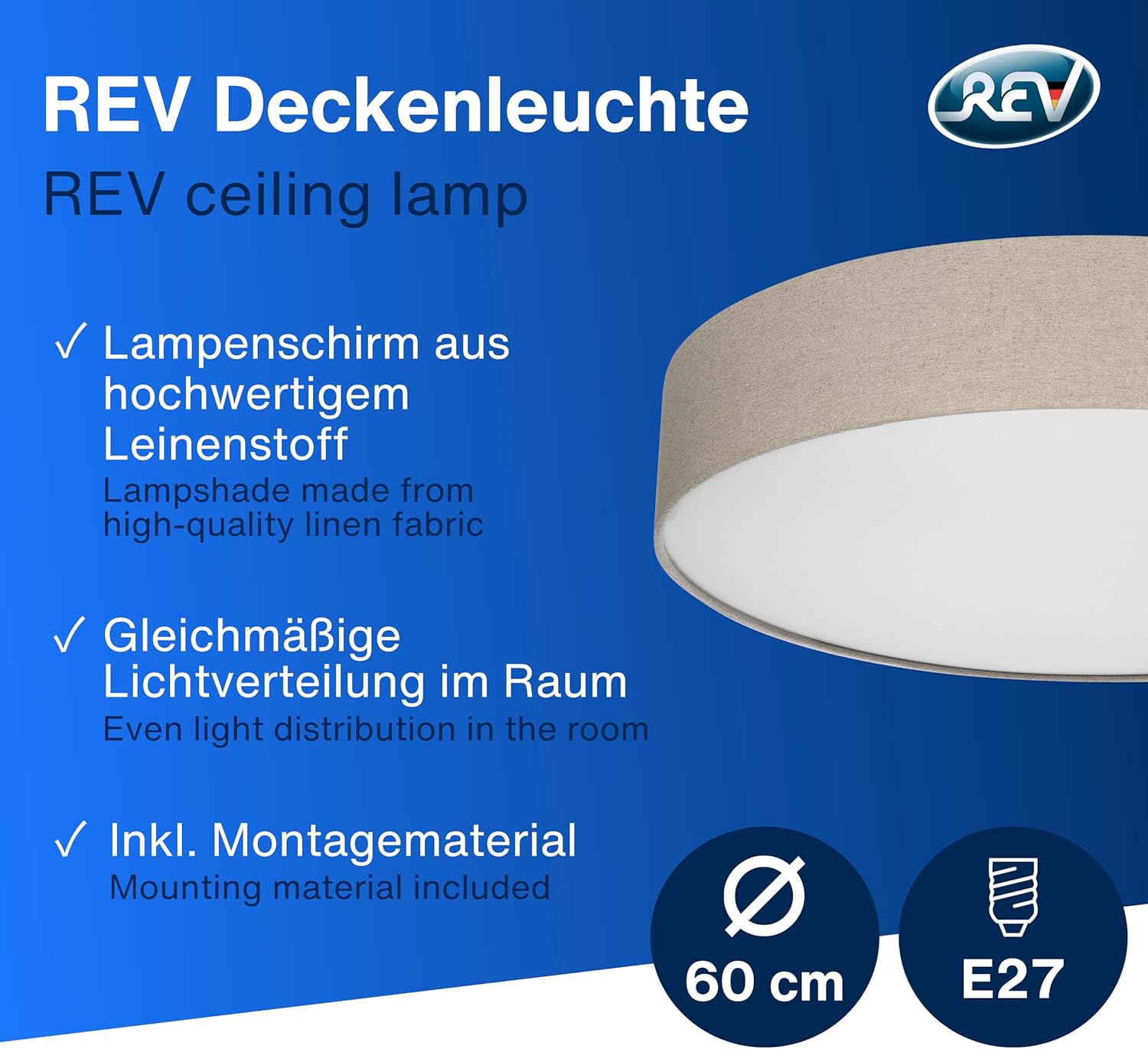 REV Deckenlampe - Deckenleuchte Wohnzimmer, Schlafzimmer & Küche rund 60cm mit Stoff-Lampenschirm im Vintage-Look, taupe