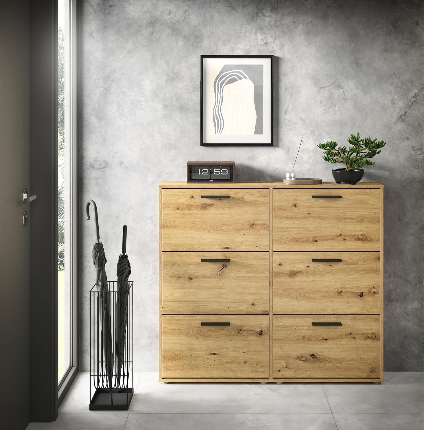 möbelando Schuhkipper >See< in Artisan Eiche Optik - Praktisches Schuhregal Schuhschrank zur platzsparenden Aufbewahrung von Schuhen -Schuhkommode 116 x 103 x 17 cm (B/H/T)