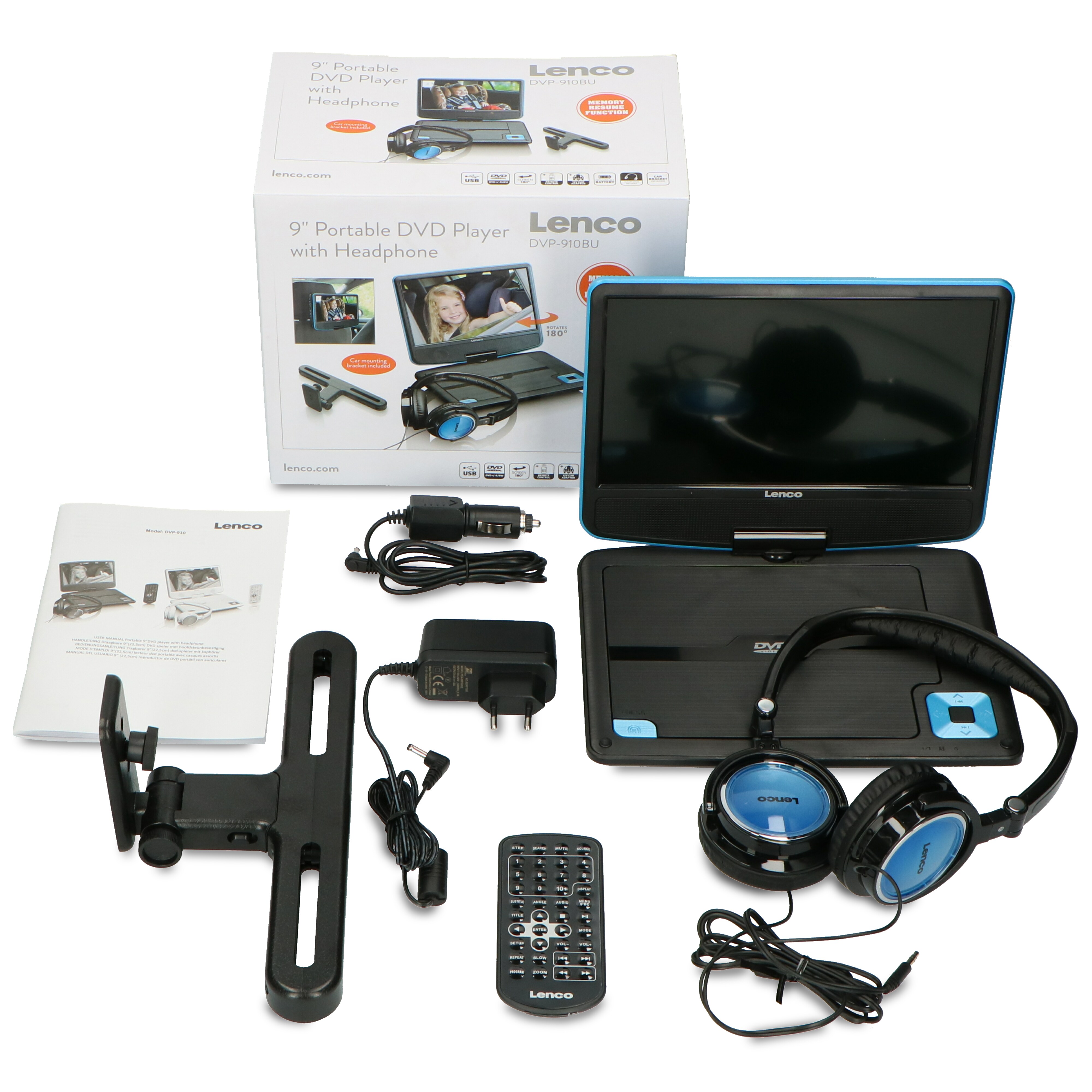 Lenco DVP-910BU - 9 Zoll tragbarer DVD-Spieler mit Kopfhörer und Kopfstützenbefestigung - integrierter Akku - USB-Eingang - Blau/Schwarz