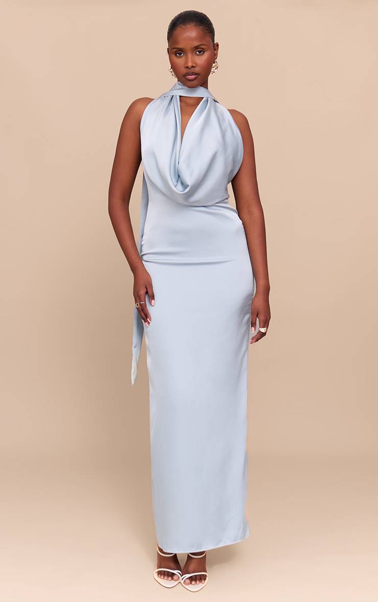Bleu Layette Robe Longue Drapée En Satin À Col Bénitier