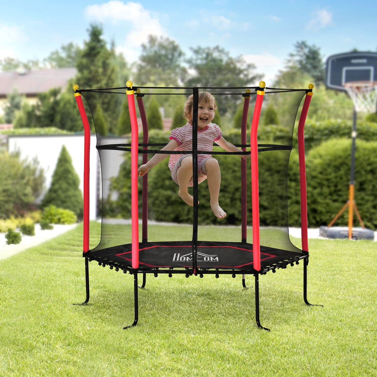HOMCOM Kindertrampoline, Tuintrampoline met Veiligheidsnet, voor 3-10 Jaar, Ø160 cm, Staal, Rood