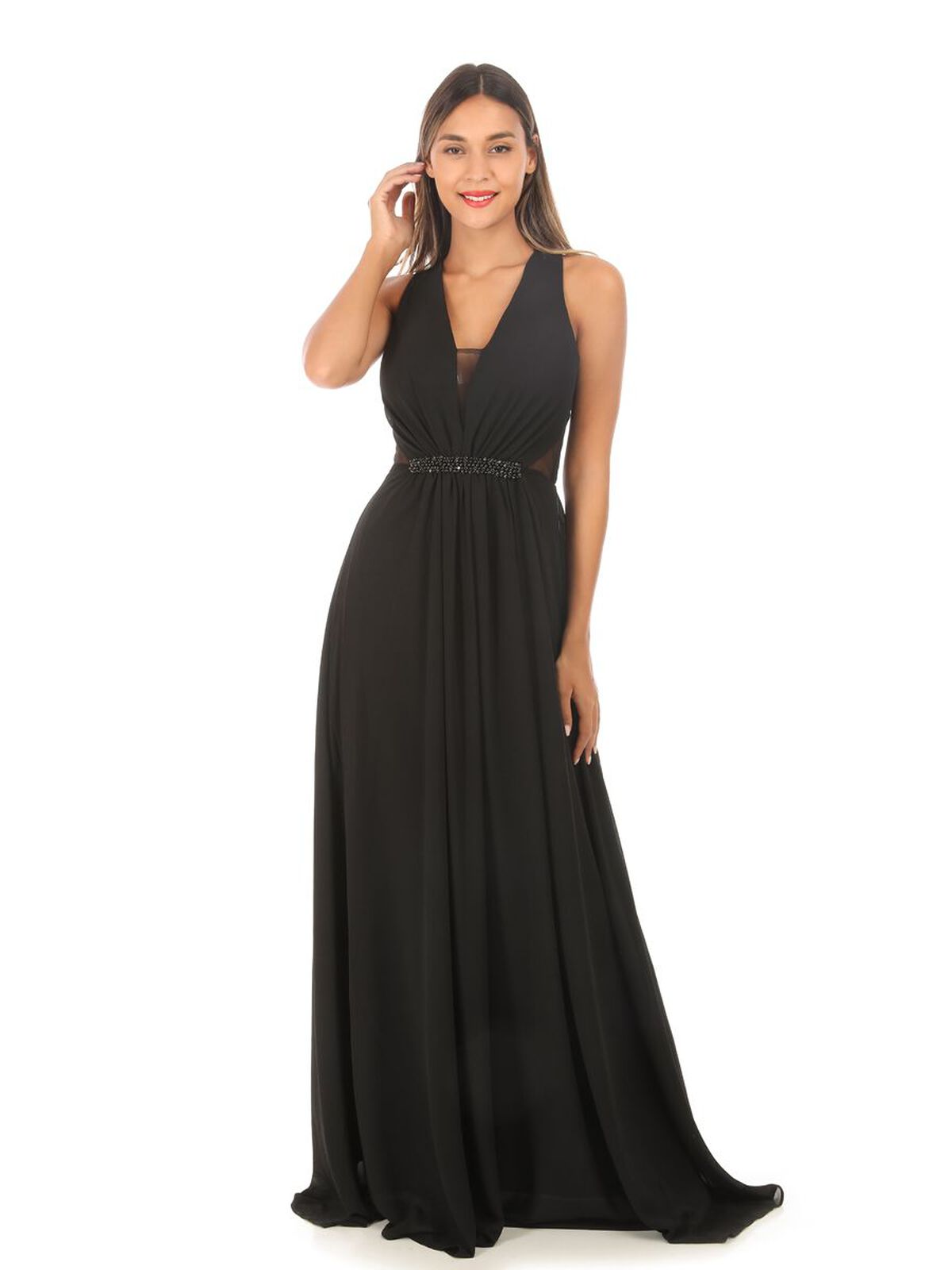 Robe longue de soirée à perles- Noir