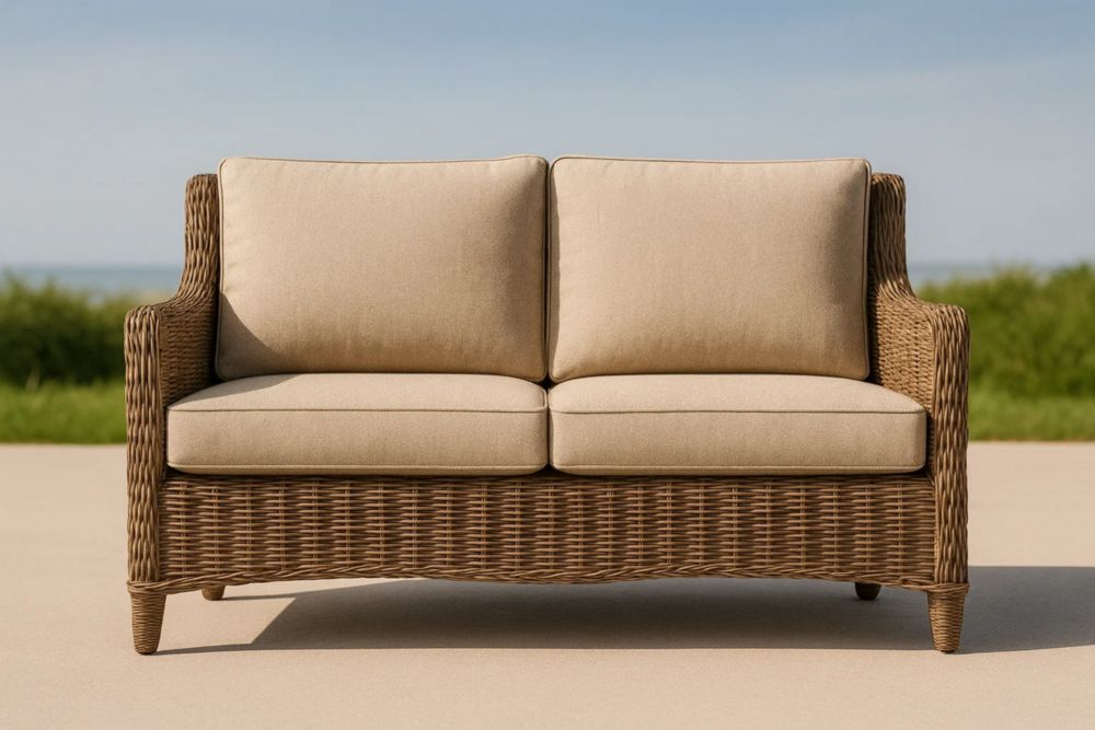 Outdoor 2-Sitzer Sofa Rattan Beige Kissen Kunststoffgeflecht 152x76x85cm