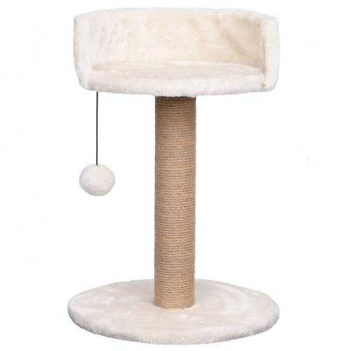 Arranhador bege para gatos com brinquedo e plataforma.